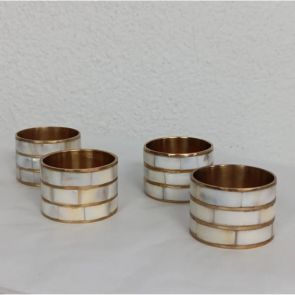 4 Mother of Pearl Napkin Ring Holders Brass Boho Seaside Table Setting